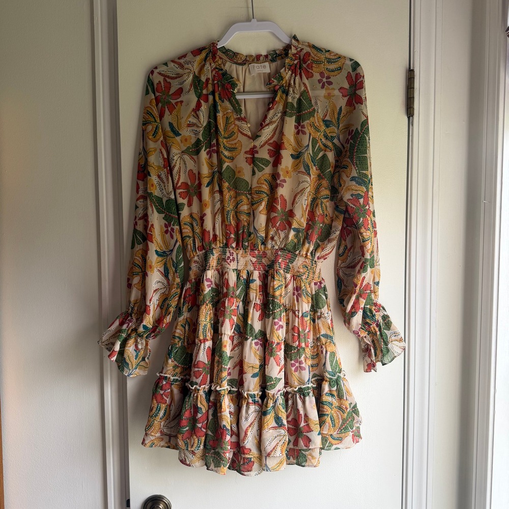 Fate Floral Mini Dress Smocked Waist Gold Metallic Lurex Boho FD32174 Small